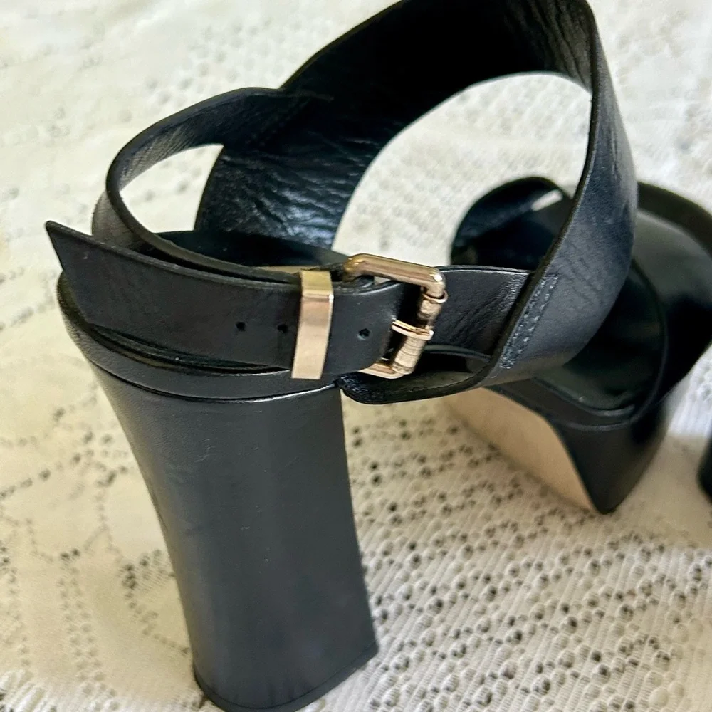 Giampaolo Viozzi Black Leather Platform Block Heel Sandals Vero Cuoio Sz 37 US 7